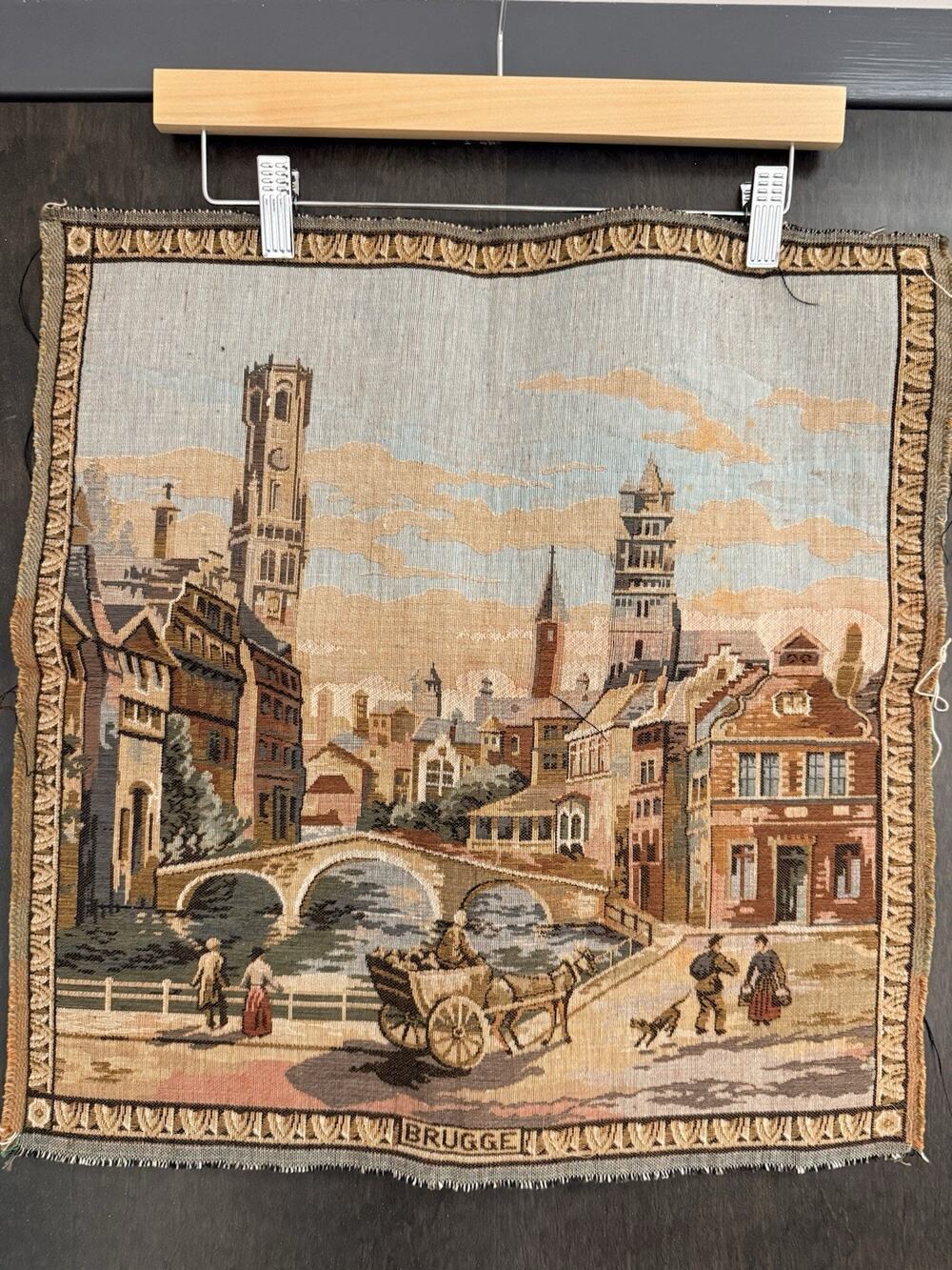 Vintage Tapestry Wall Hanging Brugge River Scene Belgium 19.5 X 19.5 Antique Art